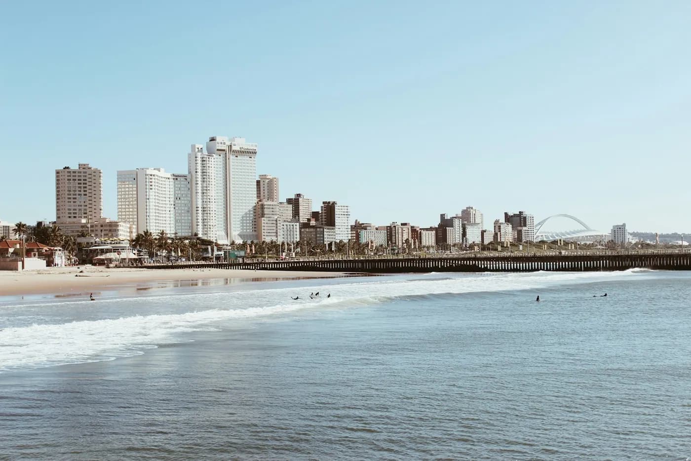 Durban’s beachfront skyline seen across the surf at North Beach