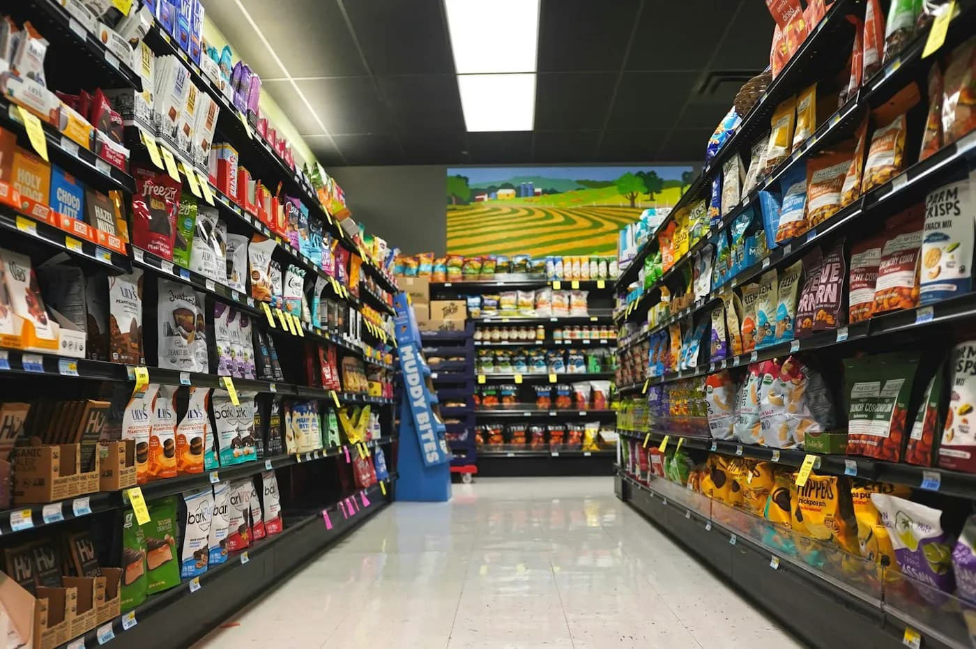 A grocery aisle lined with stocked shelves