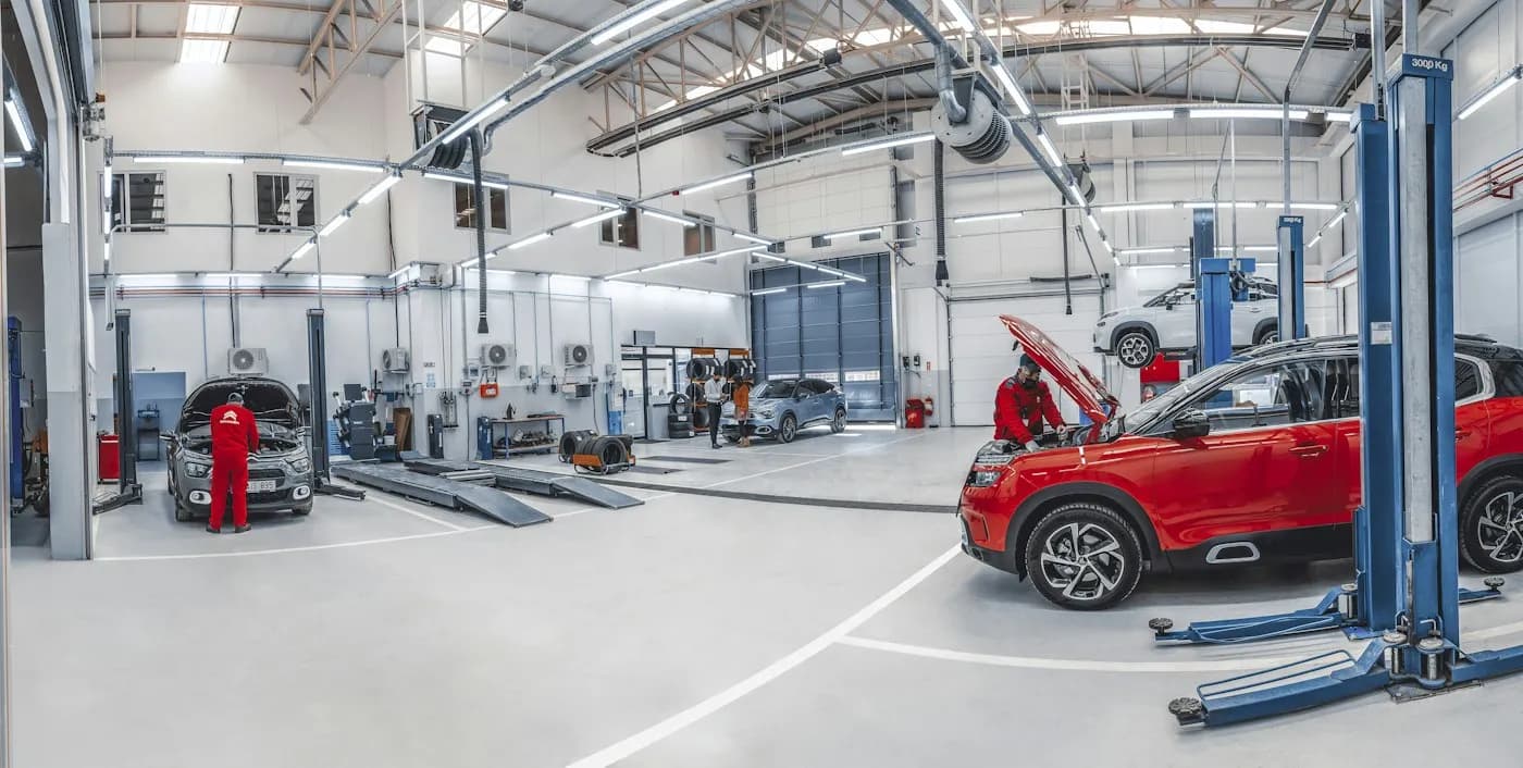 Mechanics working on cars in a spacious automotive workshop
