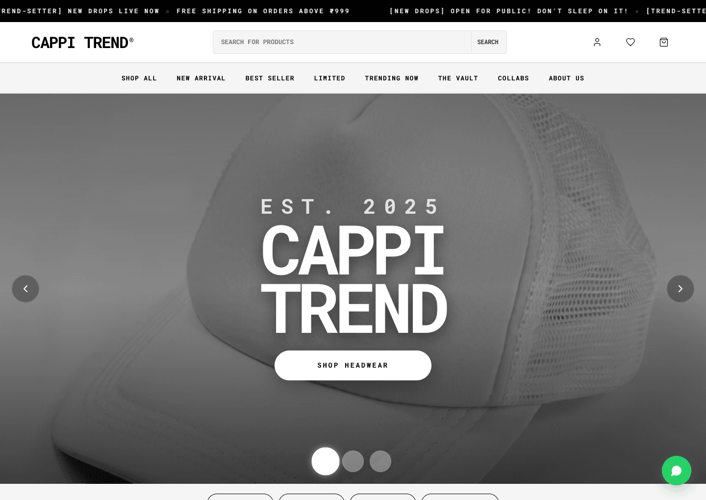 Public Cappi Trend storefront with headwear collection photography, product search and shopping navigation