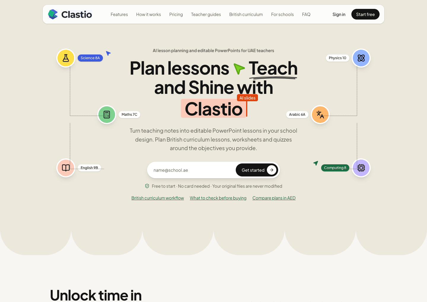 Public Clastio homepage introducing AI lesson planning and editable teaching PowerPoints