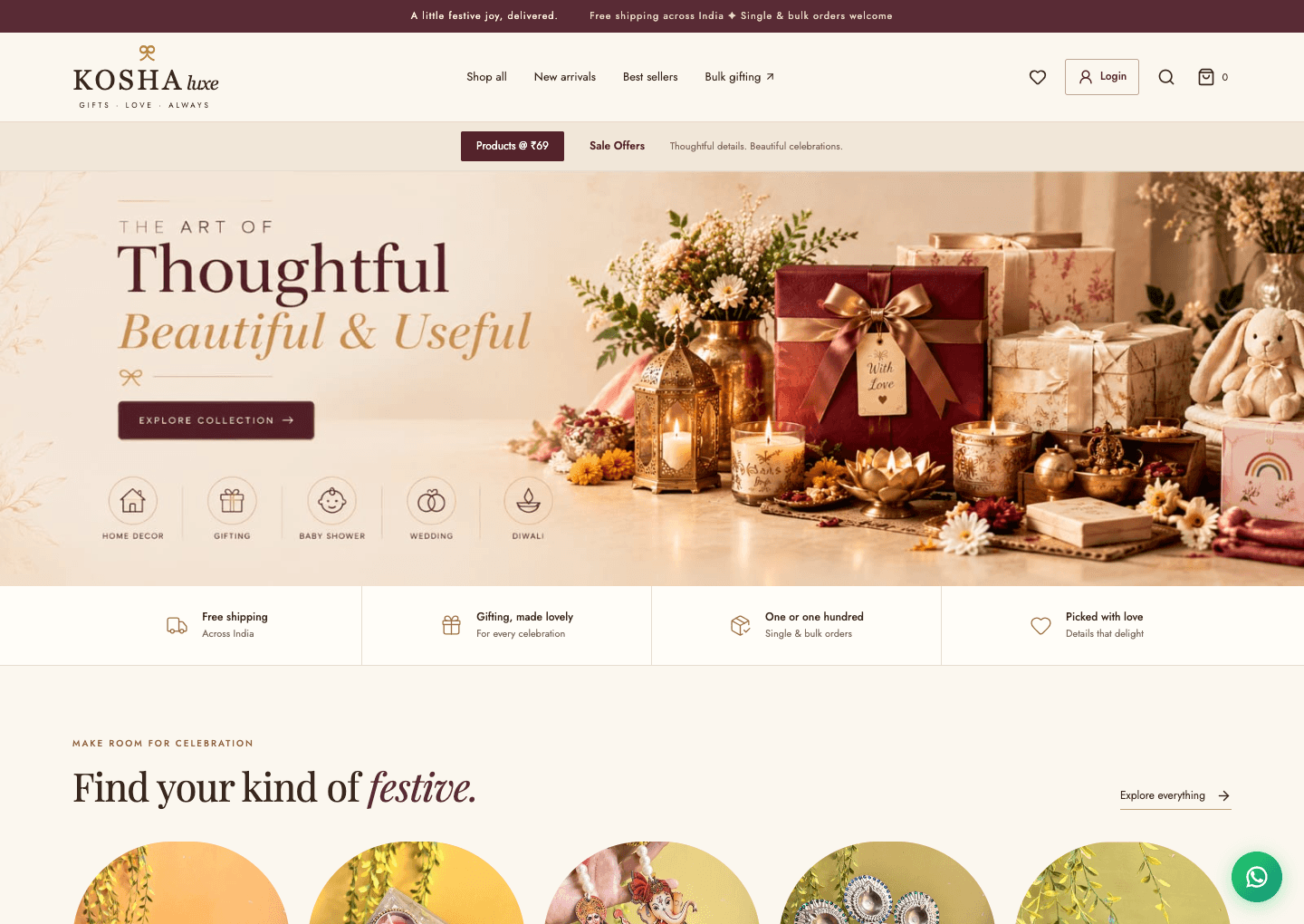 Actual Kosha Luxe storefront with festive gifting imagery, product collections and a bulk-gifting link