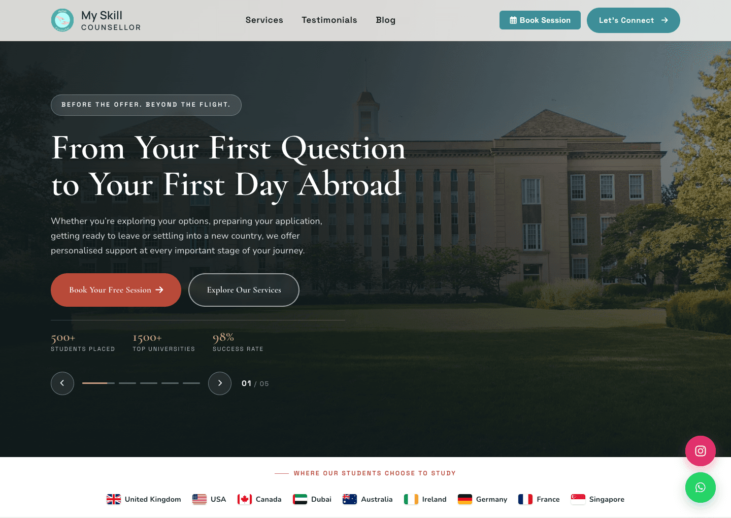 Public homepage of My Skill Counsellor with study-abroad guidance and session-booking navigation